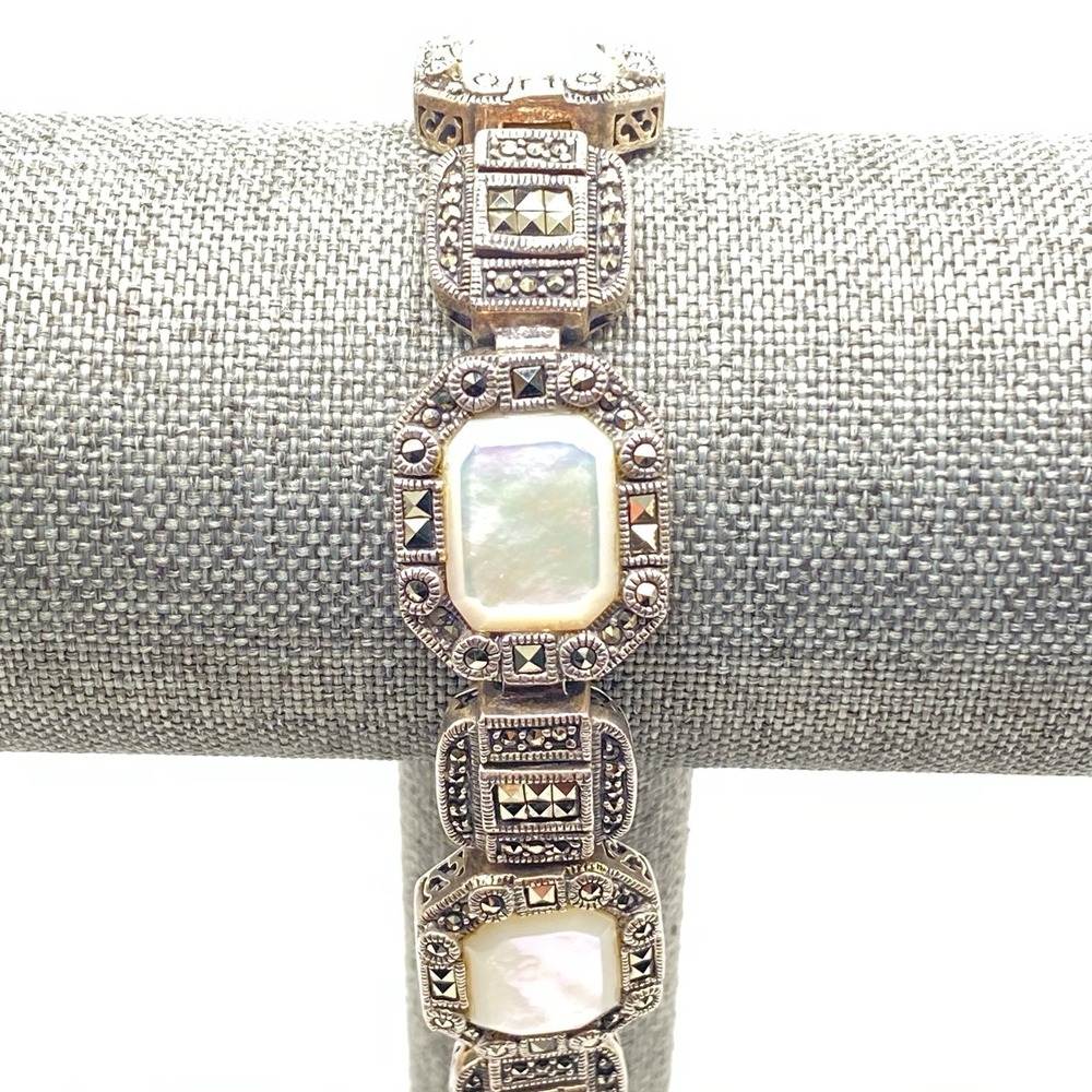 Unsigned Sterling Silver Bracelet Art Deco Mother of Pearl Marcasite White